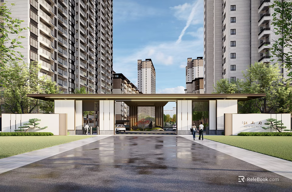 Residential Entrance Gate With High Rise Buildings Paved Driveway Green Landscaping And Pedestrians 3d model