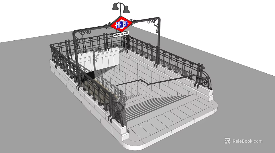 Subway Exit Design With Metal Railings Stairs And Overhead EXIT Sign 3d model 