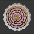 Round Decorative Cake With Red And White Cream Swirls And Yellow Crumbs On White Stand