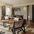 Modern Living Dining Room Interior With Brown Leather Sofa Dining Table And Chairs