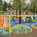Vibrant Children's Playground With Adults Kids Colorful Ground Slides Netting And Trees