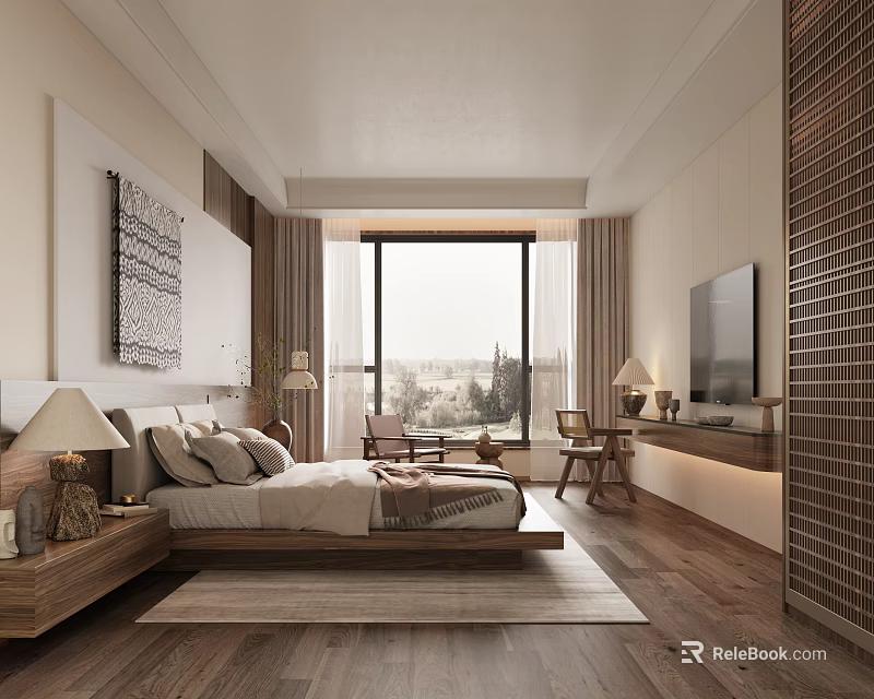 Elegant Hotel Room Interior With Comfortable Bed TV Wooden Floor And Scenic View 3d model 