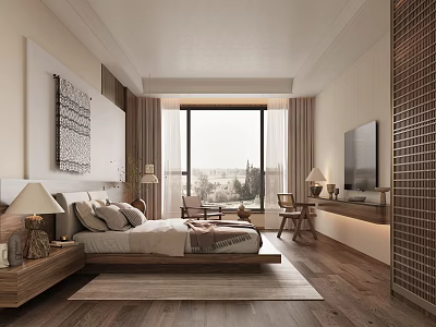 Elegant Hotel Room Interior With Comfortable Bed TV Wooden Floor And Scenic View 3d model