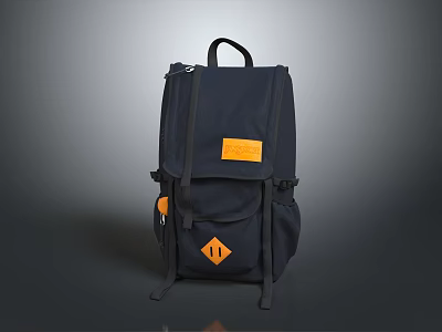 Stylish Navy Blue Backpack with Orange Patch Top Handle and Structured Design 3d model
