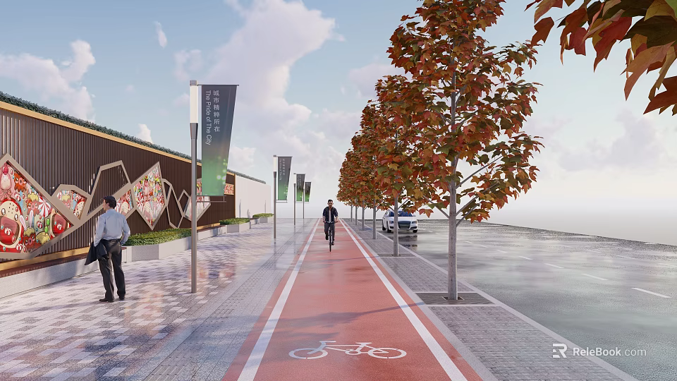 Autumn Trees with Orange Leaves Lining Urban Bicycle Lane and Pedestrian Walkway 3d model 
