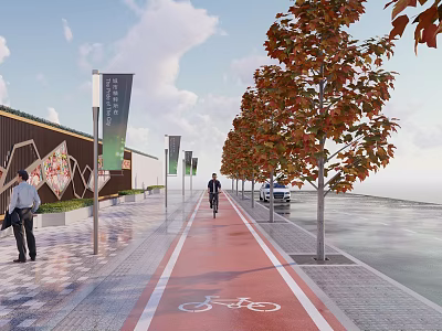 Autumn Trees with Orange Leaves Lining Urban Bicycle Lane and Pedestrian Walkway 3d model