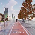 Autumn Trees with Orange Leaves Lining Urban Bicycle Lane and Pedestrian Walkway