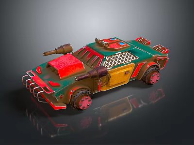 Decorative Ornament Set Featuring Armored Toy Car With Green Red Yellow Colors And Cannon 3d model