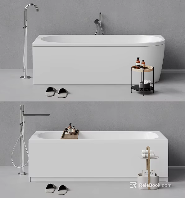 Modern White Bathtub Interior Design With Side Table Toiletries And Slippers 3d model 