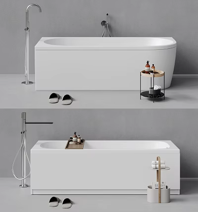 Modern White Bathtub Interior Design With Side Table Toiletries And Slippers 3d model
