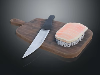 Fresh Salmon Fillet on Wooden Cutting Board with Sharp Kitchen Knife 3d model