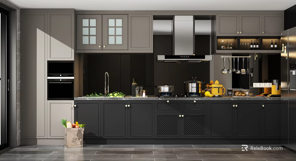Modern Kitchen Interior Featuring Gray Cabinets Countertop And Appliances With Fresh Fruits 3d model 