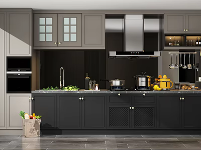 Modern Kitchen Interior Featuring Gray Cabinets Countertop And Appliances With Fresh Fruits 3d model