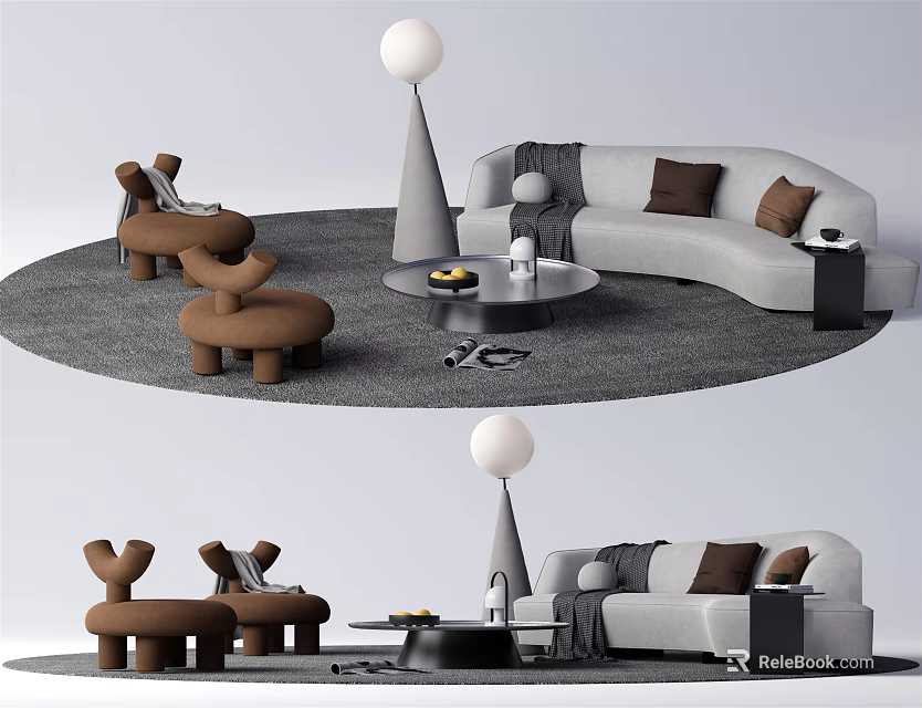 Modern Sofa Coffee Table Set With Gray Sofa Brown Pillows Round Rug And Floor Lamp 3d model 