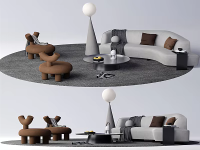 Modern Sofa Coffee Table Set With Gray Sofa Brown Pillows Round Rug And Floor Lamp 3d model