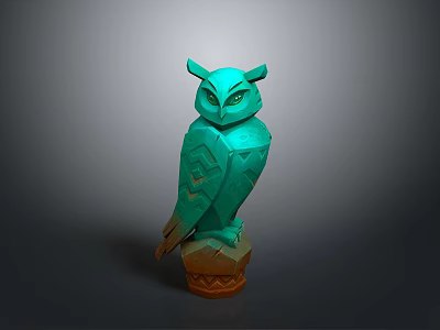 Green Owl Sculpture Standing On Textured Base Against Gray Background 3d model