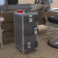 Barbershop Chair And Workstation Set With Wooden Counter Mirrors Shelves And Hanging Lamps