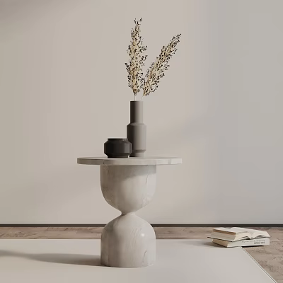 White Marble Side Table with Hourglass Base and Dried Flowers Vase Near Stack of Books 3d model