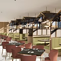 Modern Restaurant Interior Design With Red Chairs Green Booths And Large Windows