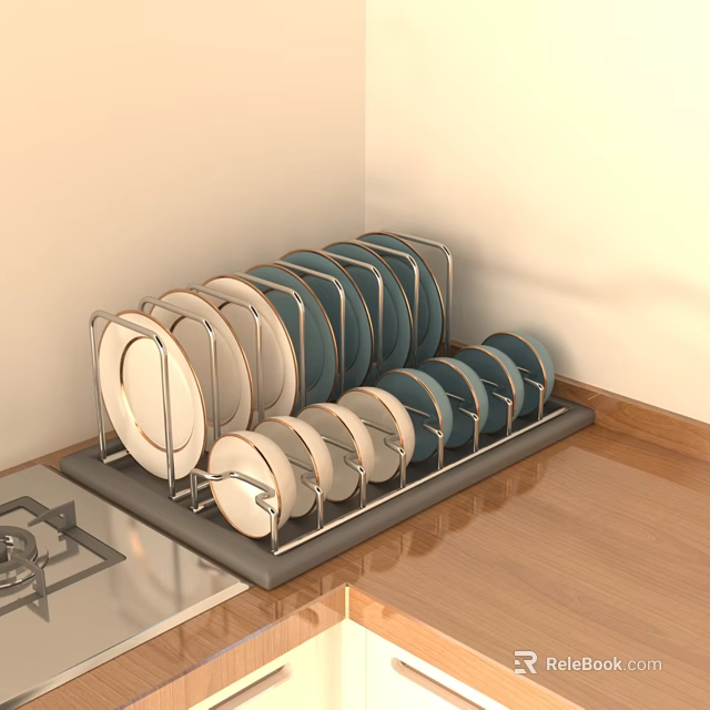 Kitchen Dish Rack with Metal Frame Holding White and Blue Plates on Wooden Countertop 3d model 