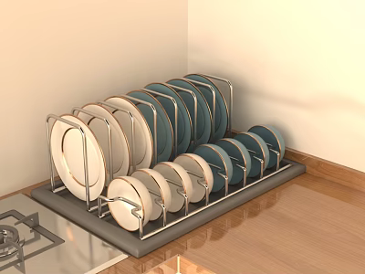Kitchen Dish Rack with Metal Frame Holding White and Blue Plates on Wooden Countertop 3d model