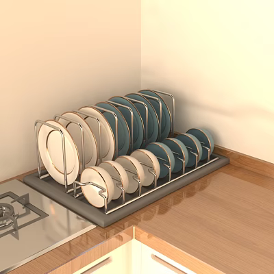 Kitchen Dish Rack with Metal Frame Holding White and Blue Plates on Wooden Countertop 3d model