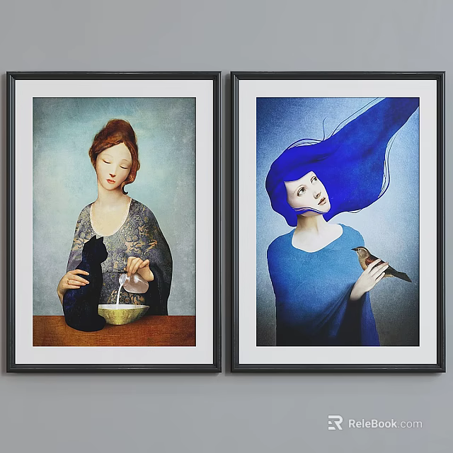 Two Framed Animal Paintings Featuring Women Feeding Black Cat And Blue Haired Woman With Bird 3d model 