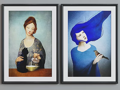 Two Framed Animal Paintings Featuring Women Feeding Black Cat And Blue Haired Woman With Bird 3d model