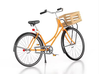 Orange Bicycle With Wooden Front Basket Black Wheels And Black Seat 3d model