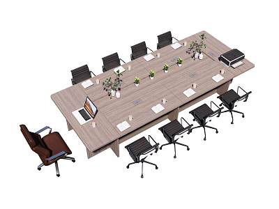 Wooden Conference Table With Laptop Documents Small Potted Plants Black Office Chairs And Brown Chair 3d model