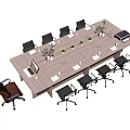 Wooden Conference Table With Laptop Documents Small Potted Plants Black Office Chairs And Brown Chair