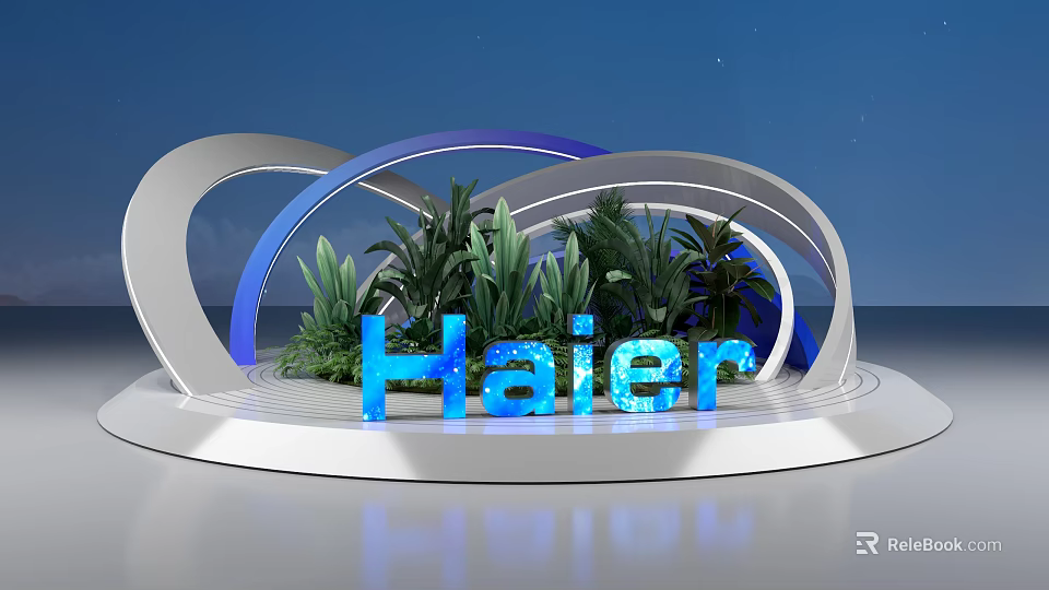 Illuminated Haier Brand Display With Curved Structures Green Plants And Blue Background 3d model 