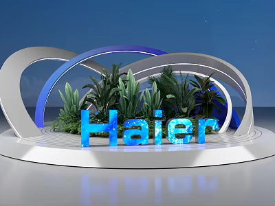Illuminated Haier Brand Display With Curved Structures Green Plants And Blue Background 3d model