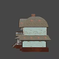 Game and Movie Characters Living in Weathered Blue House With Brown Roof Balcony and Staircase