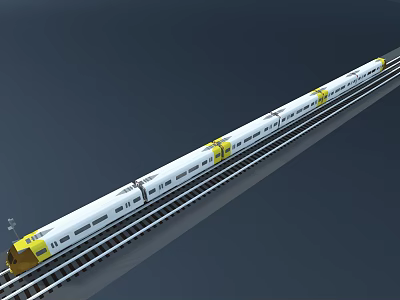 Modern White and Yellow High Speed Train on Railway Track with Streamlined Design 3d model