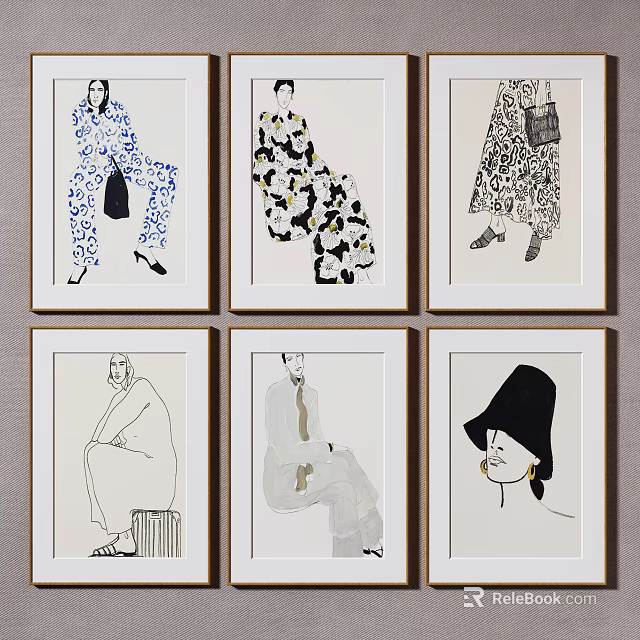 Six Framed Figure Paintings Featuring Stylish Characters In Various Poses And Artistic Designs 3d model 