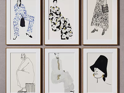 Six Framed Figure Paintings Featuring Stylish Characters In Various Poses And Artistic Designs 3d model