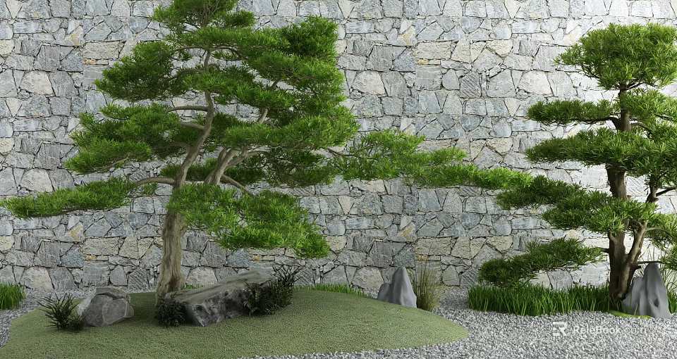 Serene Japanese Garden with Stone Wall Pine Tree Green Grass and Pebbles 3d model 