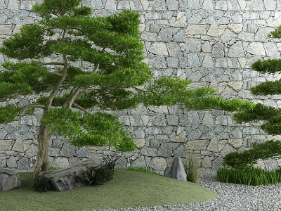 Serene Japanese Garden with Stone Wall Pine Tree Green Grass and Pebbles 3d model
