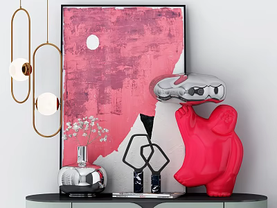 Modern Artistic Decorative Ornament Set With Pink Painting Red Sculpture And Silver Accents 3d model