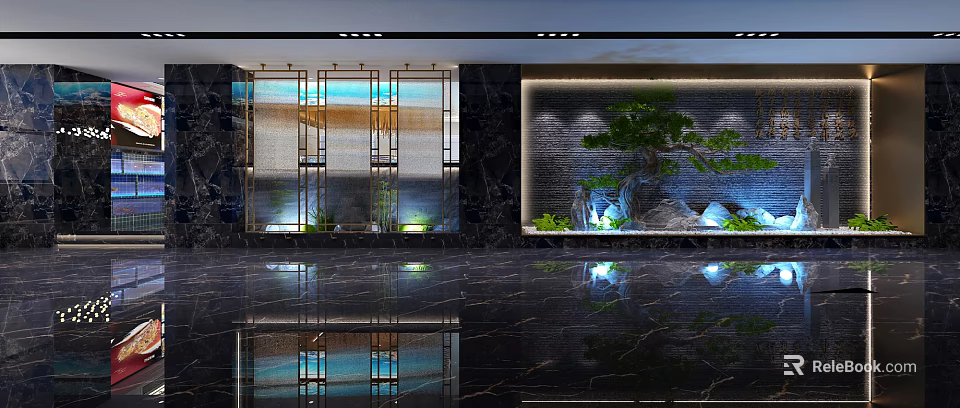 Modern Hotel Corridor With Elegant Lighting Green Plants And Marble Floor 3d model 