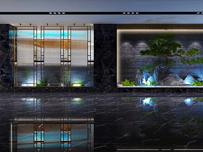 Modern Hotel Corridor With Elegant Lighting Green Plants And Marble Floor 3d model