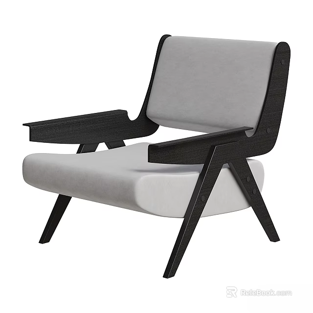 Modern Leisure Chair With Light Gray Fabric Seat And Black Wooden Armrest Frame Design 3d model 