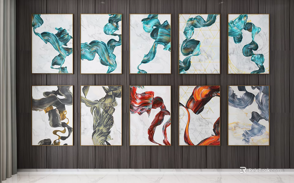 Modern Abstract Paintings With Multiple Fluid Colorful Forms On Wall 3d model