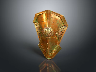 Golden Decorative Shield with Intricate Medieval Patterns Circular Center Design and Metallic Texture 3d model