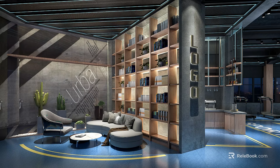 Modern Lounge Area With Bookshelves Sofa Coffee Table Plants And Industrial Design Elements 3d model 