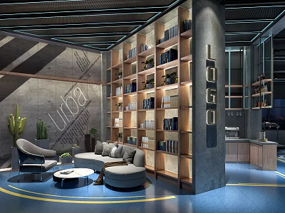 Modern Lounge Area With Bookshelves Sofa Coffee Table Plants And Industrial Design Elements 3d model