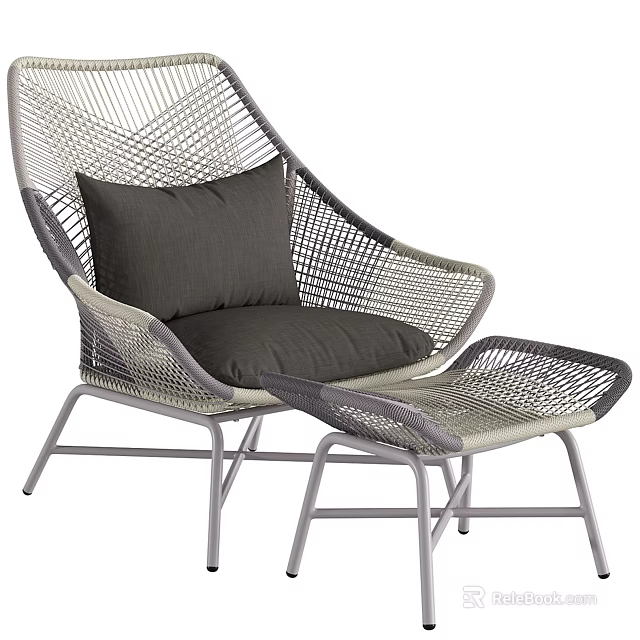 Woven Rattan Leisure Chair With Dark Gray Cushion And Matching Metal Footstool 3d model 