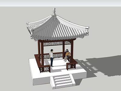 Traditional Chinese Pavilion With Classic Roof People Resting On Stone Platform Steps 3d model