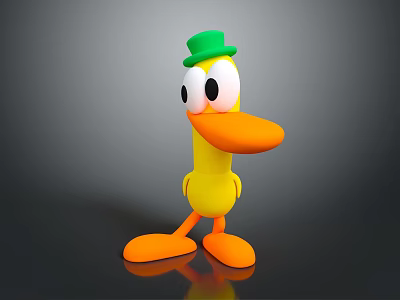 Yellow Duck Doll With Green Hat Orange Beak And Feet On Dark Background 3d model